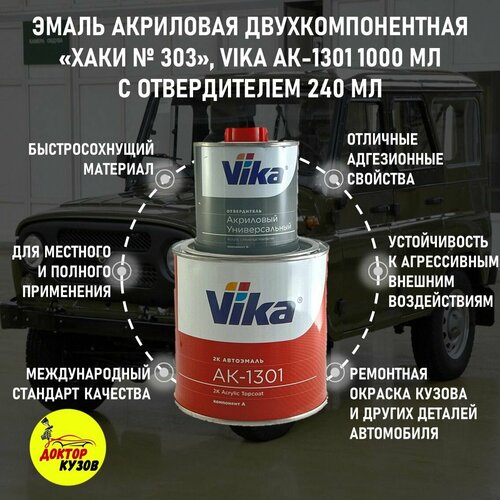 Эмаль акриловая Vika АК-1301 2К, хаки 303, 0.85 кг, с отвердителем 1301, 0.212 кг