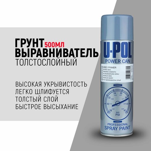 Грунт выравниватель U-POL Power Can, серый, аэрозоль, 500мл