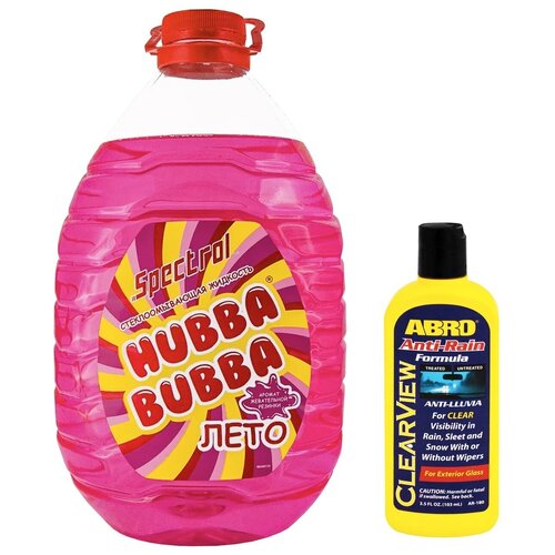 Жидкость стеклоомывателя летняя 5л SPEСTROL омывайка с ароматом HUBBA BUBBA + Антидождь для автомобиля ABRO Anti-Rain 103 мл комплект 9654/AR-180