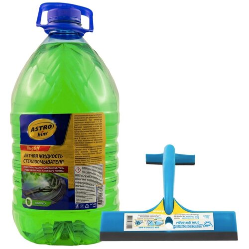 Жидкость стеклоомывателя летняя 5 л ASTROHIM BUGOFF / омывающая жидкость (омывайка летняя) + Водосгон для автомобиля, водосгон для стекол и зеркал, силиконовый, двусторонний, универсальный 16 см/9 см ZEUS сгон для воды. АС-425/ZB026