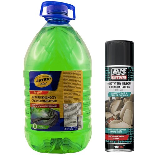 Жидкость стеклоомывателя летняя 5 л ASTROHIM BUGOFF / омывающая жидкость (омывайка летняя) + Очиститель салона автомобиля (пенный очиститель для велюра и обивки салона аэрозоль) AVS 335 мл AVK-693. АС-425/A40142S