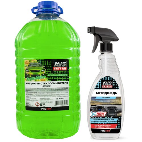 Жидкость стеклоомывателя летняя 5л AVS AVK-723 омывайка для машины + Антидождь для автомобиля New Formula 500мл AVS AVK-075 A40591S/A78384S
