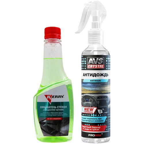 Жидкость стеклоомывателя летняя 355 мл KERRY омывающая жидкость (омывайка), концентрат + Антидождь New Formula 250мл AVS AVK-664 KR-335/A07592S