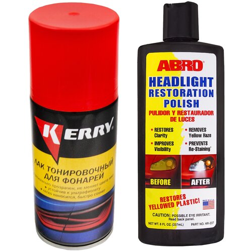 Полироль для фар ABRO Реставратор фар 237 мл. + Лак для тонировки фар автомобиля KERRY 210 мл / лак тонировочный для фонарей HR-237/KR-963.2