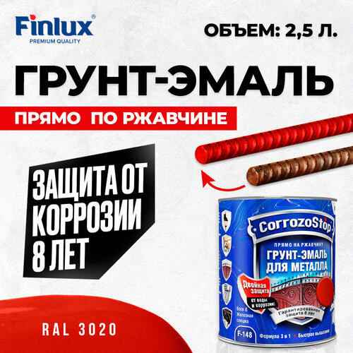 Универсальная грунт-эмаль 3в1 по металлу и ржавчине Finlux F-148, глянцевая, ral 3020, 2,5 л