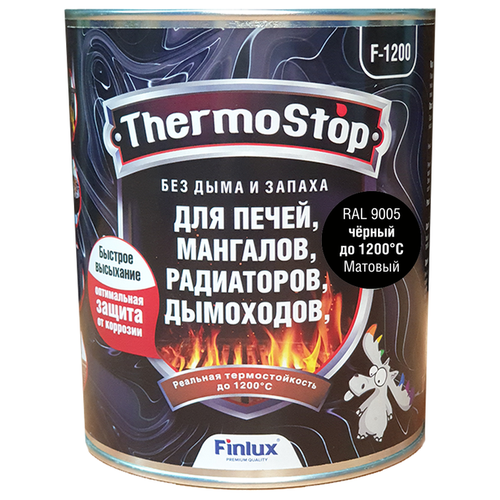 Краска, Грунт-Эмаль Finlux F-1200 до +1200°C Антикоррозионная, Быстросохнущая, Кремнийорганическая, Матовое покрытие, Черный, 1 кг, 1200 С