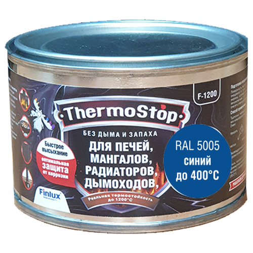 Краска, Грунт-Эмаль Finlux F-1200 до +1200°C Антикоррозионная, Быстросохнущая, Кремнийорганическая, Матовое покрытие, ral 5005, 0,25 кг., 400 С
