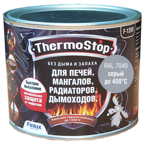 Краска, Грунт-Эмаль Finlux F-1200 до +1200°C Антикоррозионная, Быстросохнущая, Кремнийорганическая, Матовое покрытие, ral 7040, 0,5 кг., 400 С