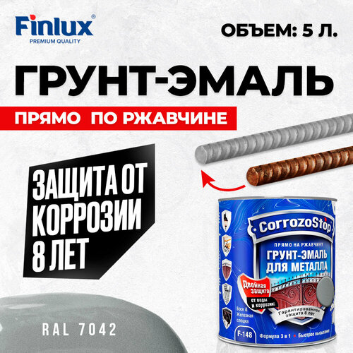 Универсальная грунт-эмаль 3в1 по металлу и ржавчине Finlux F-148, глянцевая, Ral-1004, 5л