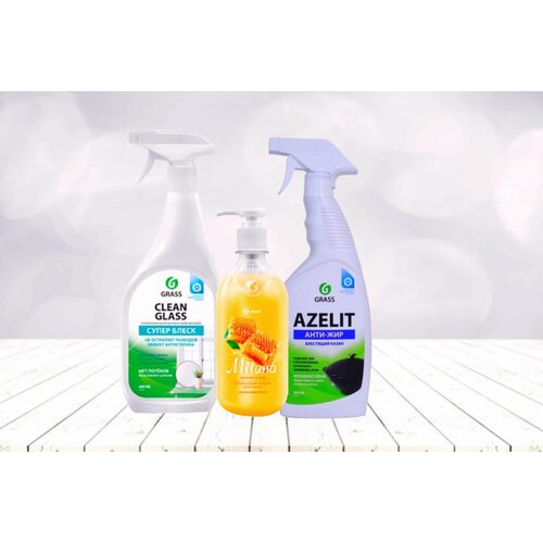 Набор для дома GRASS: для стекол Clean glass 600мл + Azelit Казан 600мл + Жидкое крем-мыло Milana "Молоко и мед" 500мл