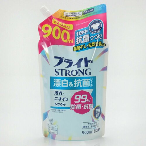 LION Гель-отбеливатель кислородный "Супер яркость" для стойких загрязнений, с антибактериальным эффектом "Bright STRONG 900 мл, мягкая упаковка с крышкой