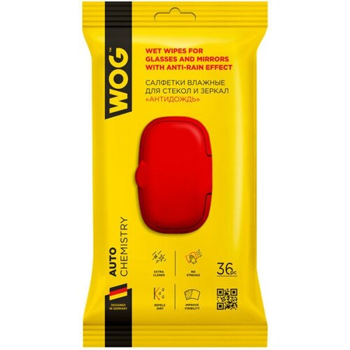 Салфетка влажная WOG для стекол и зеркал, антидождь, 36 шт WOG 9259245 .